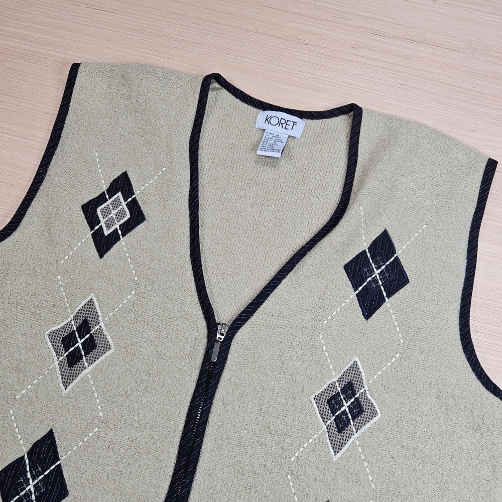 Koret Argyle Wool Blend Sweater Vest Women XL Tan Zip Up Sleeveless Cardigan